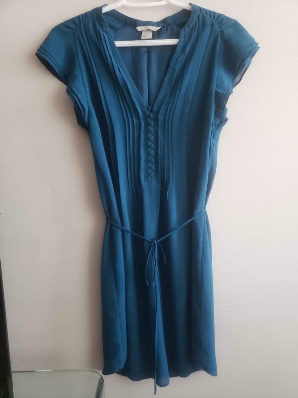 H&M Teal Cap-Sleeve Pleated Front Dress with Waist Tie